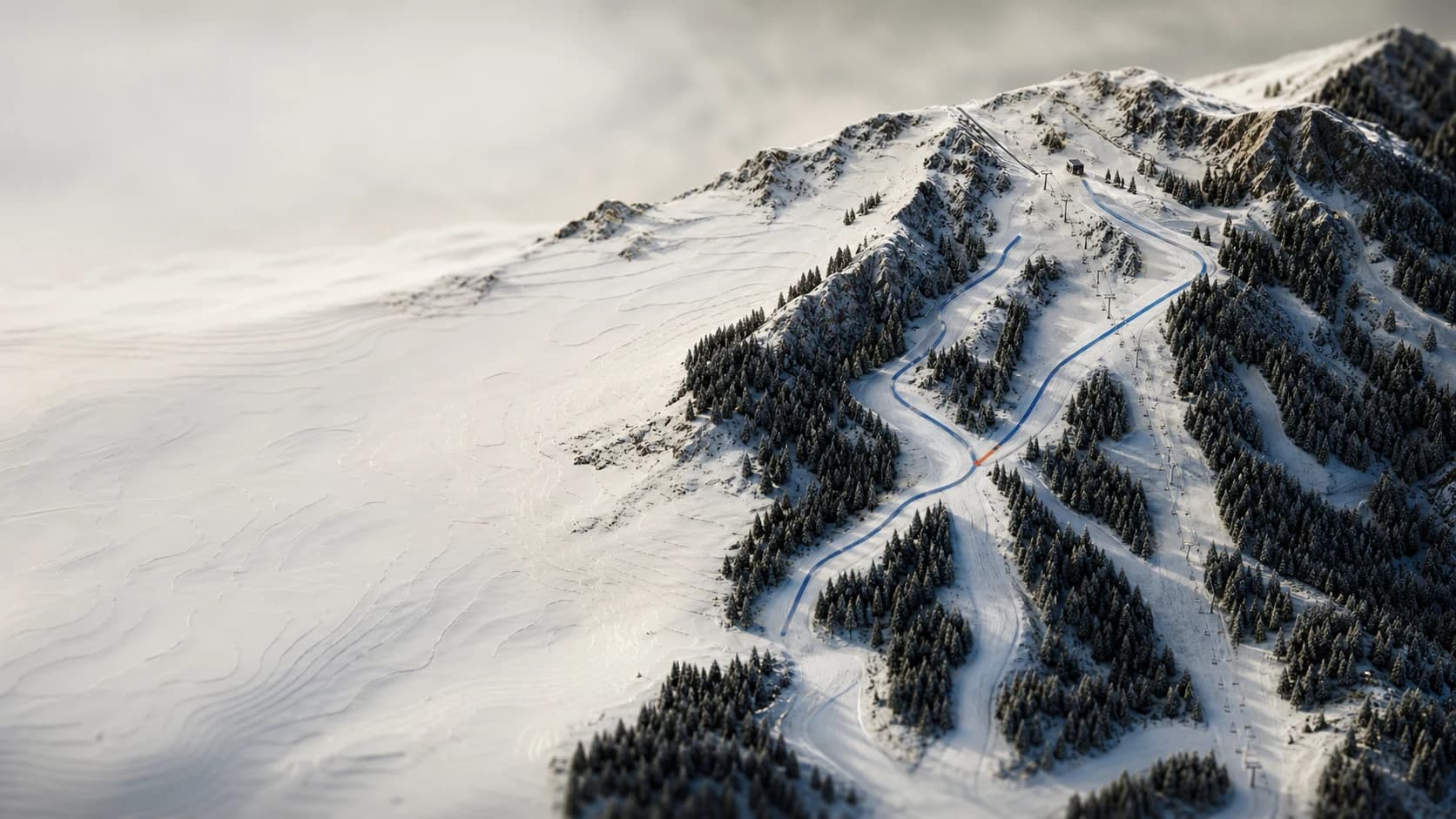 Topographic ski resort terrain with two routes converging at a meeting point
