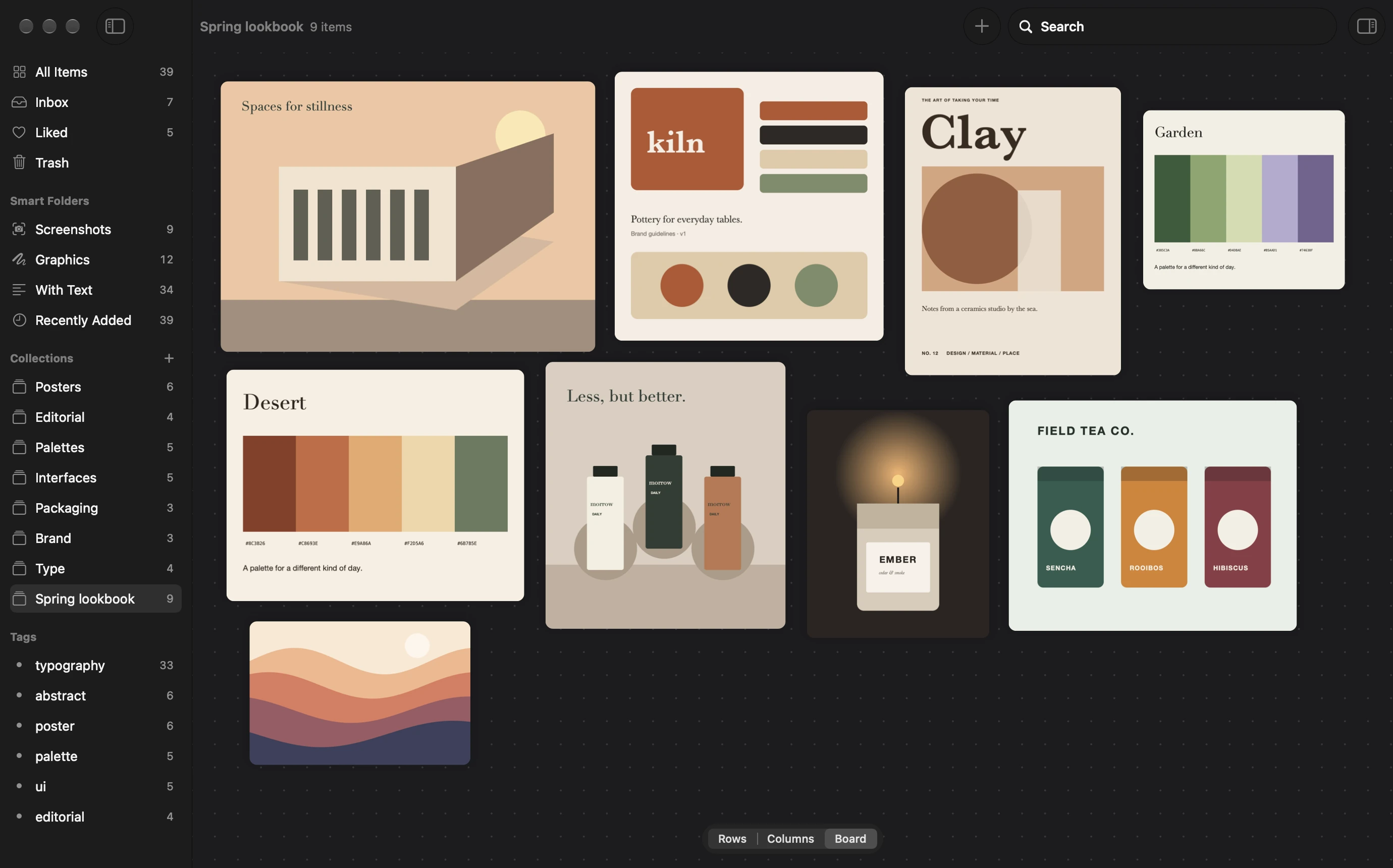 A Folio collection shown as a board in dark mode: architecture, brand, palette and packaging studies arranged by hand like a moodboard