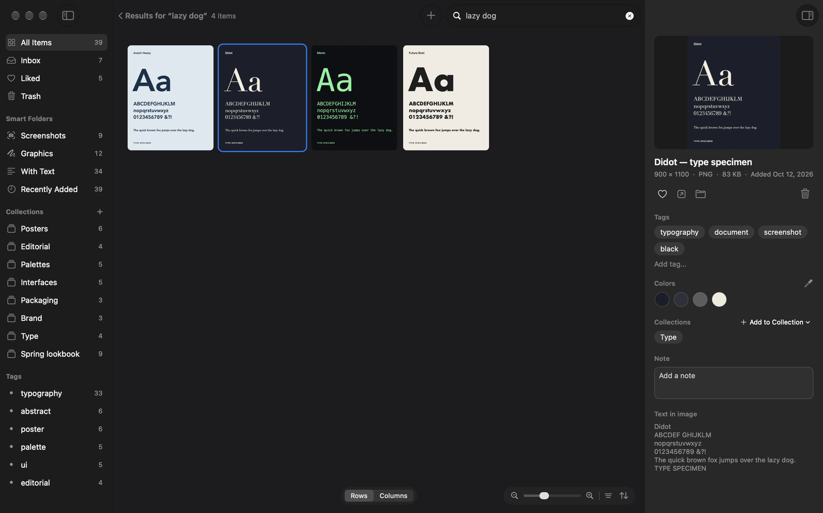 Folio in dark mode searching for “lazy dog”: four type specimens found by the words printed inside them, with the text Folio read shown in the details panel