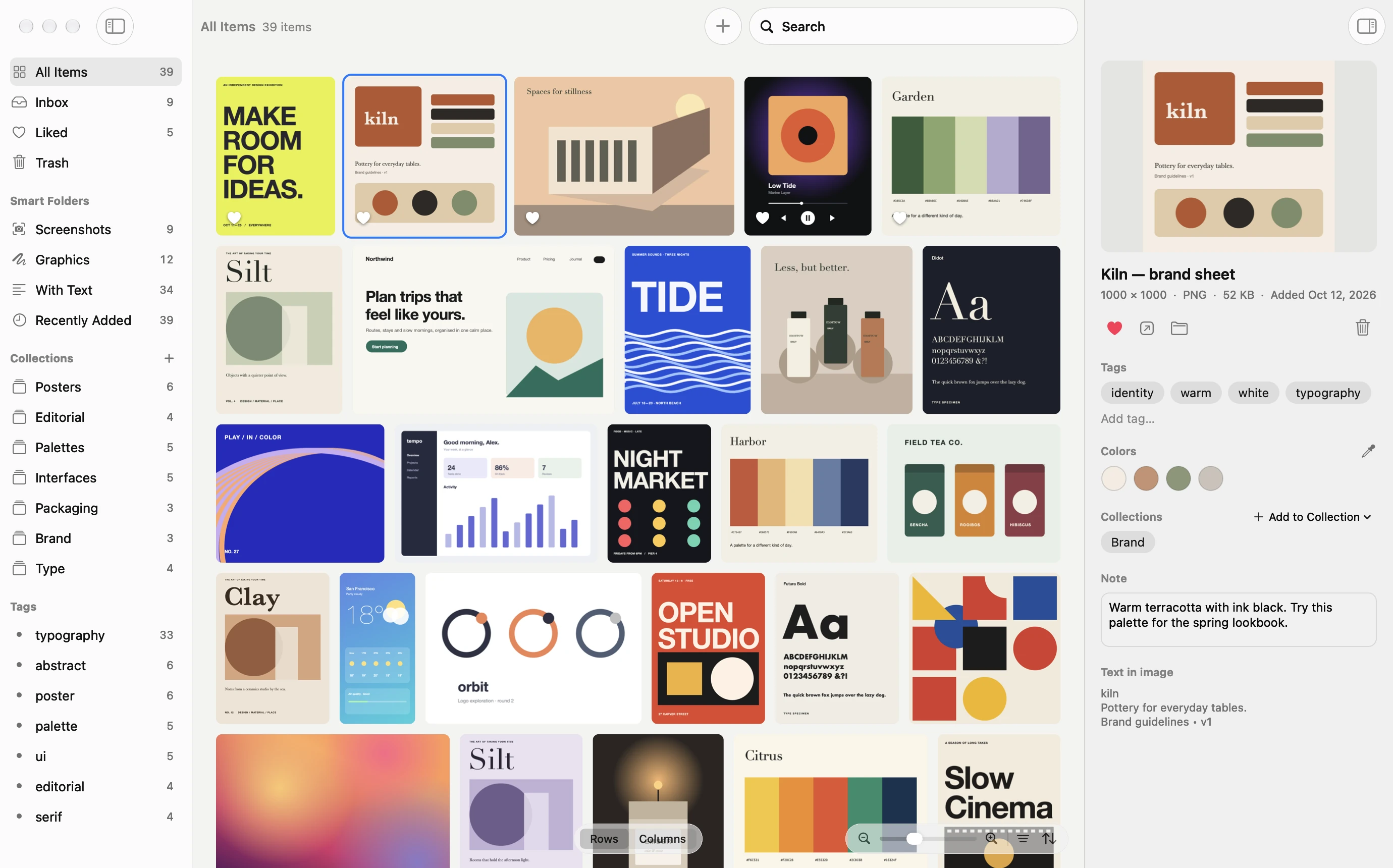 Folio's All Items in light mode: a grid of posters, palettes, packaging and interface studies, with a brand sheet selected and its tags, colors, collection, note and the text read from it on the right