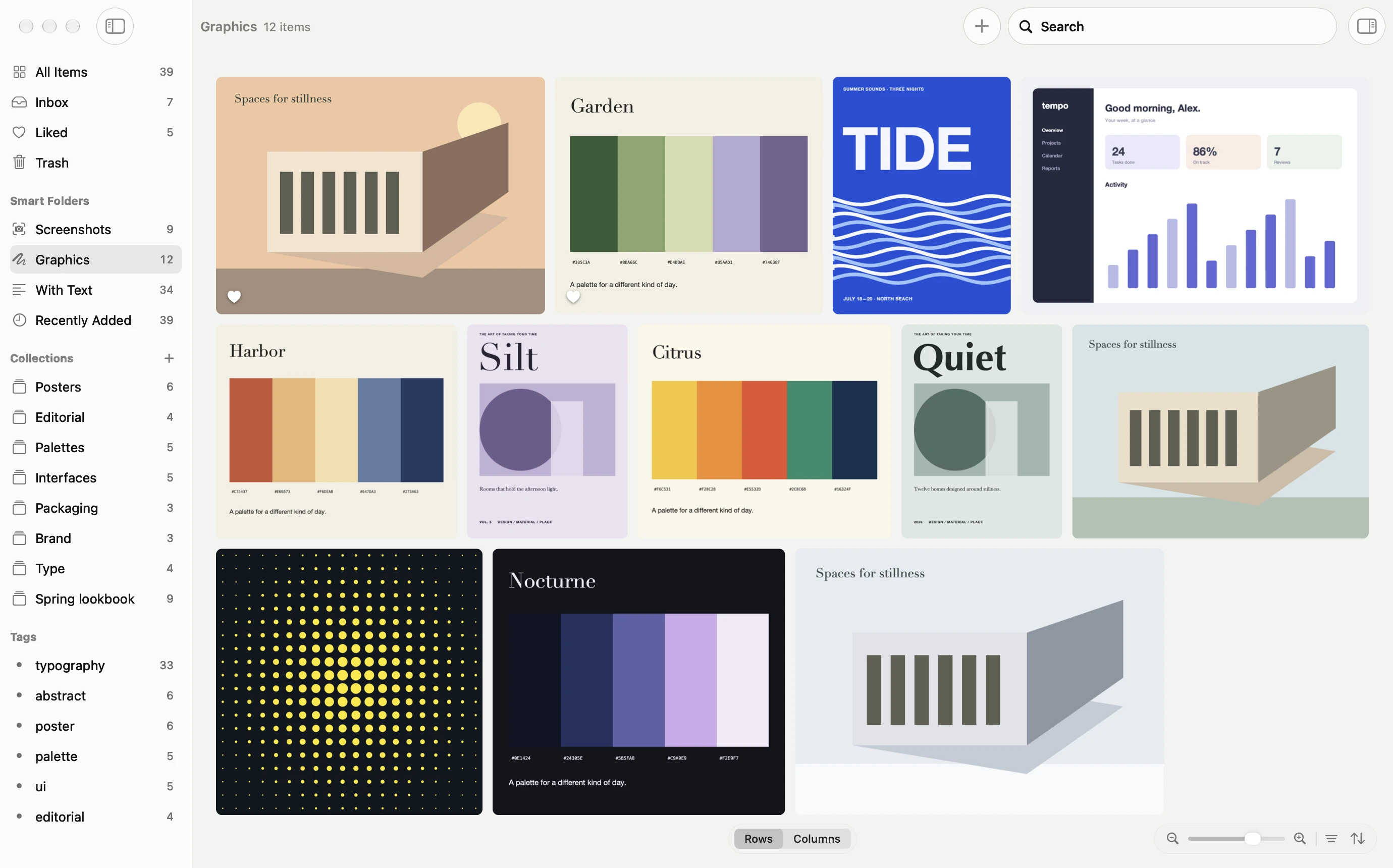 Folio's Graphics smart folder in light mode, filled on its own with illustrations, palettes and posters, beside the sidebar's smart folders, collections and tags