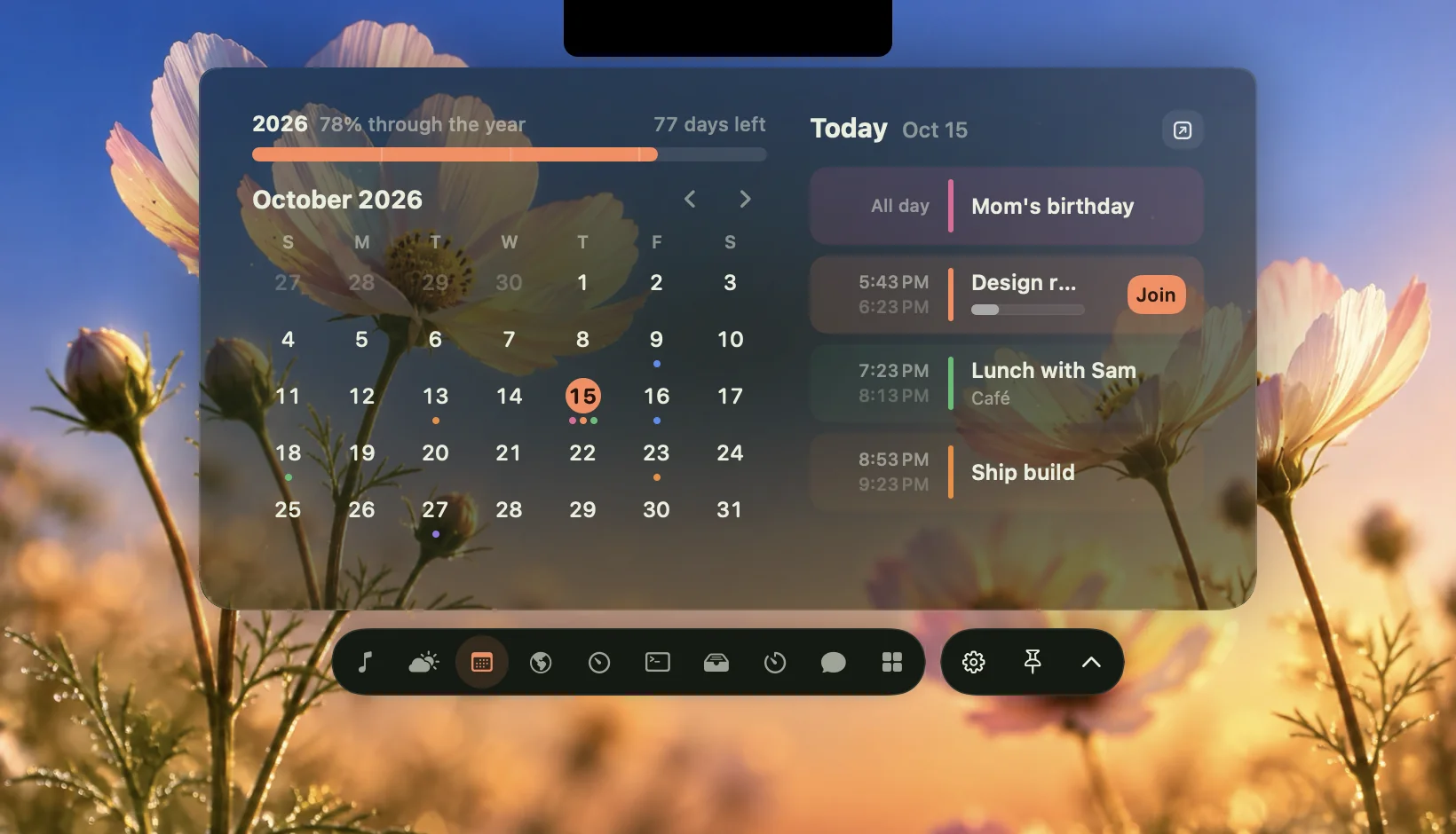 The native Wildflower Calendar page with a month grid and today's meetings