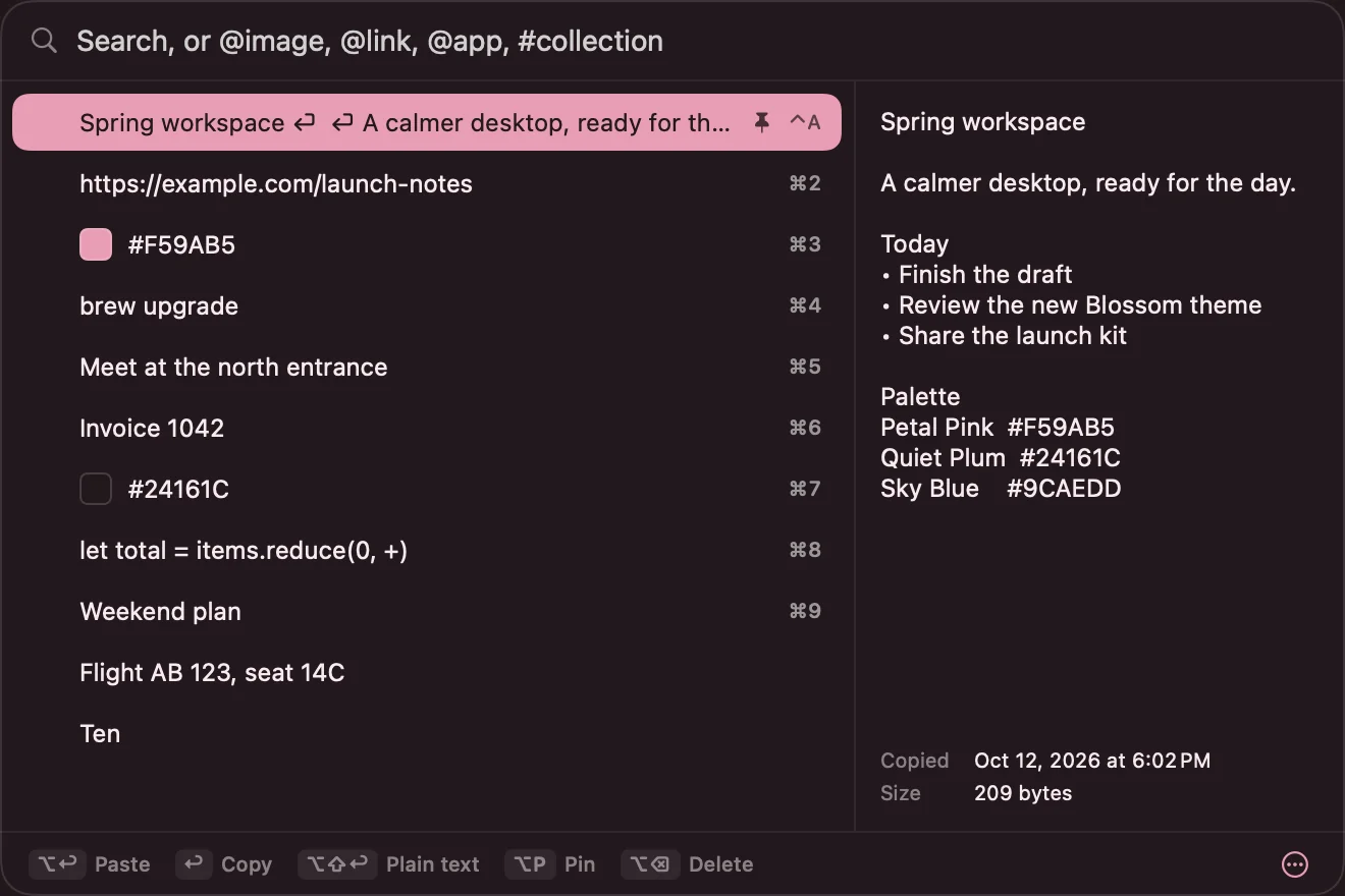 Current native Blossom clipboard popup with pinned sample notes, a populated preview and pink/plum colour swatches