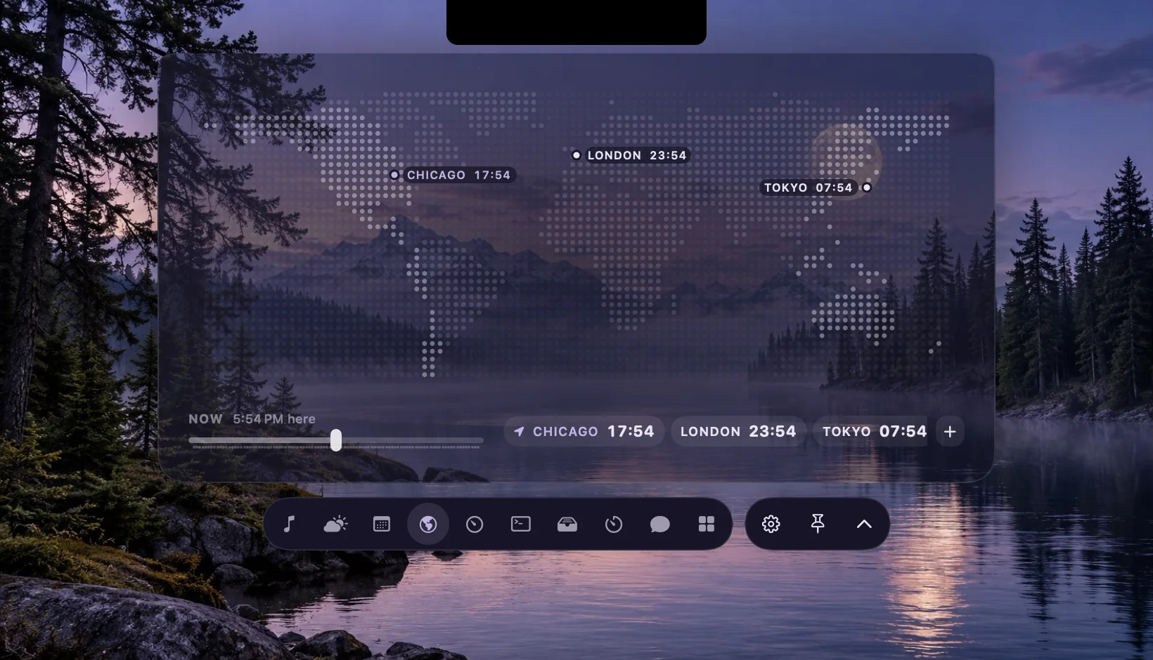 Native Moonrise Clock page with world map, day and night shading and three sample places