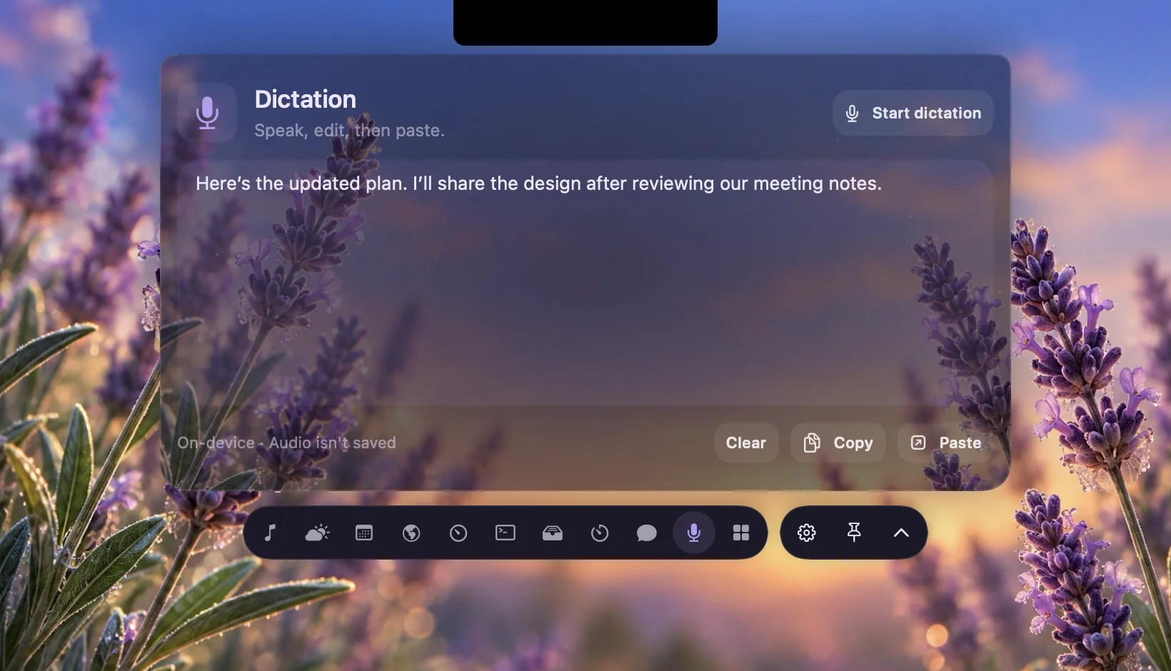 Native Lavender Dictation page with an editable sample transcript, Start, Copy and Paste controls, and Dictation selected in the app bar