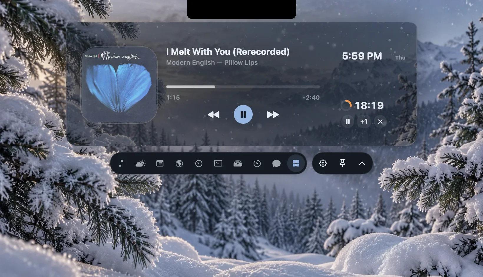 The Snow Home page with I Melt With You by Modern English, blue Pillow Lips artwork, a regular clock and timer