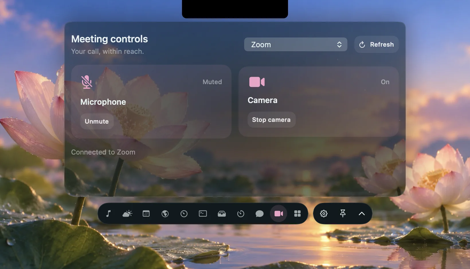 Native Lotus Meetings page with microphone and camera cards inside the Nook and Meetings selected in the app bar