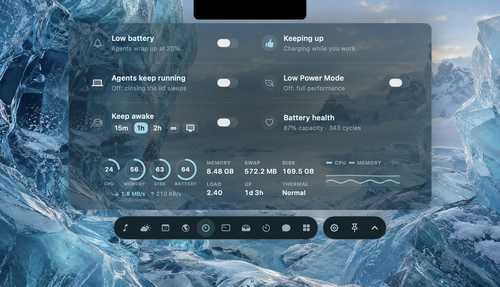 Native Glacier System page with aligned power controls and CPU, memory, disk and battery rings