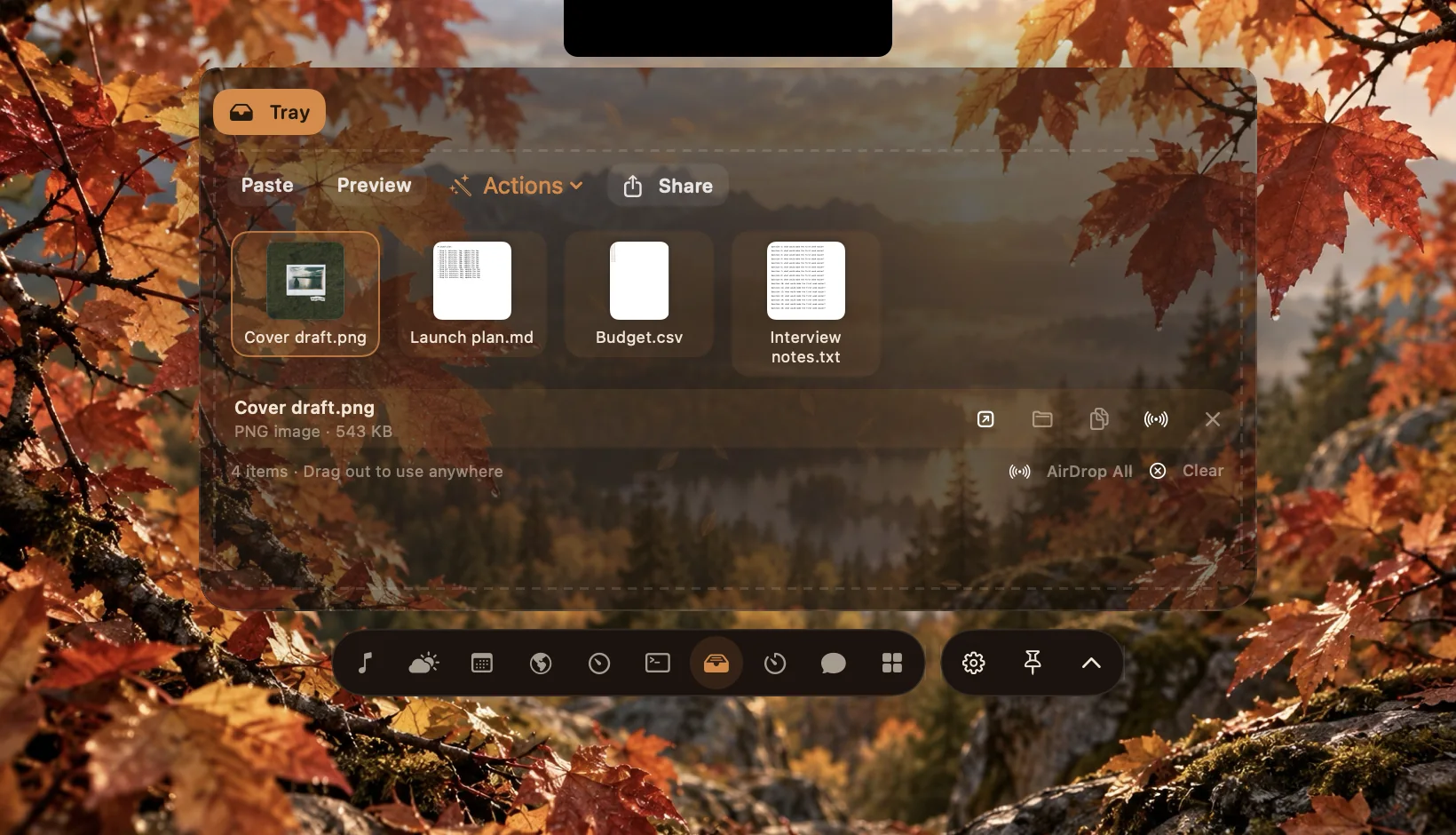 The native Tray with synthetic project files, a selection preview and AirDrop