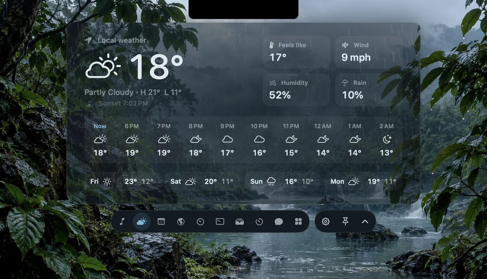 Native Monsoon Weather page with a synthetic forecast and the current dock